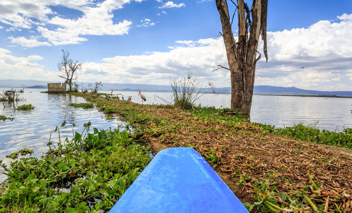 Lake Naivasha shoreline with a boat, the destination at the end of the Nairobi to Naivasha drive